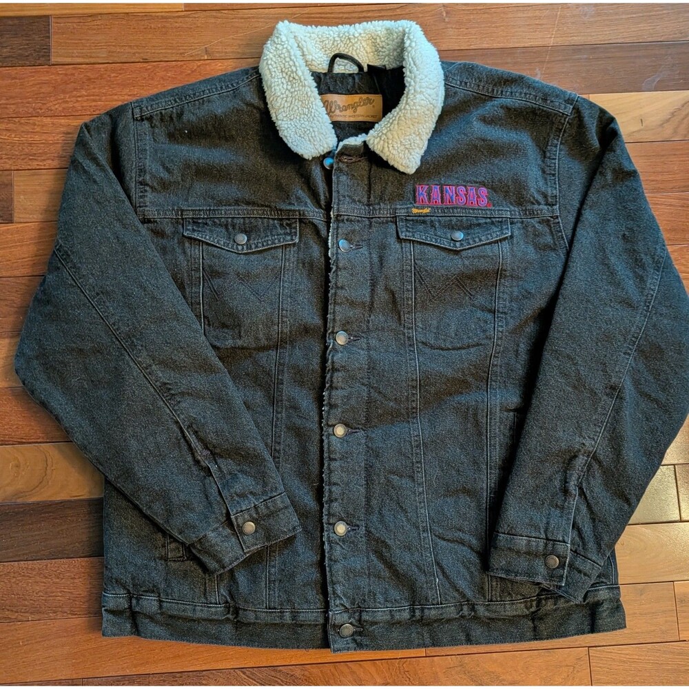 Kansas Jayhawks Wrangler Western Sherpa Denim Jacket Charcoal Mens LG